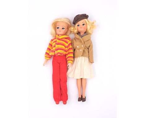 Pedigree Sindy pair of vintage 1970s dolls: (1) Sindy Gen 2 doll, blonde, wearing Windswept 1979; (2) Sindy 2 Gen doll, blond