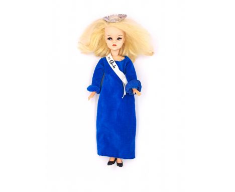 Pedigree Sindy side part vintage doll, blonde (hair distressed), wearing 1968 Miss Sindy (with REPLACEMENT SASH), waist loose