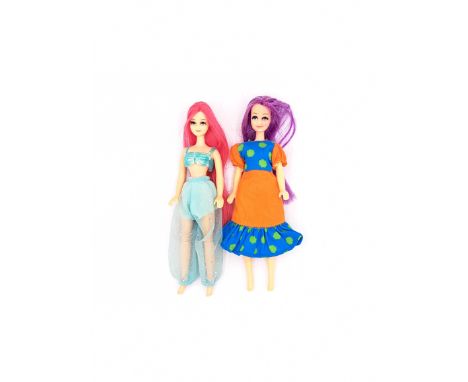 Palitoy Pippa vintage dolls re-rooted hair, pair: (1) magenta hair, impressed 42 3; (2) violet hair, impressed 3; Good to Exc