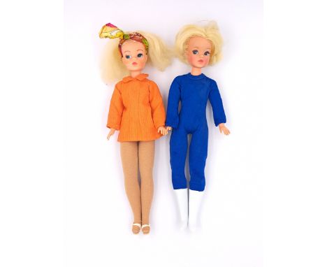 Pedigree Sindy Trendy Girl pair of vintage 1970s dolls: (1) blonde bob, wearing Cat Suit 1970, some discolouration and marks 