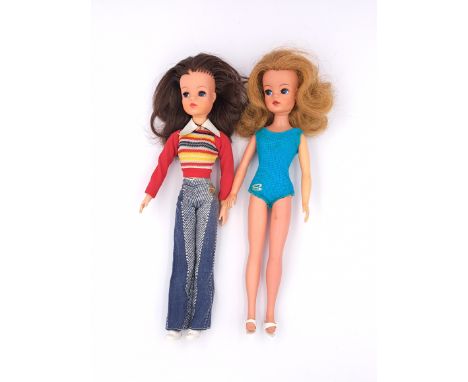 Pedigree Sindy 1970s vintage dolls, pair: (1) Sindy Funtime 1975, auburn; (2) Active Sindy, wearing Jumper and Jeans 1975, br
