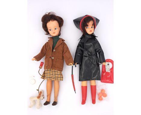 Pedigree Sindy pair of vintage dolls, brunette, 1963: (1) Shopping in the Rain (with all accessories), missing little finger 