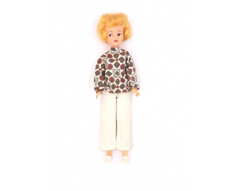 Pedigree Sindy vintage doll, blonde, wearing Springtime Blouse 1964 and Red Bell Bottoms 1968, Good to Good Plus.