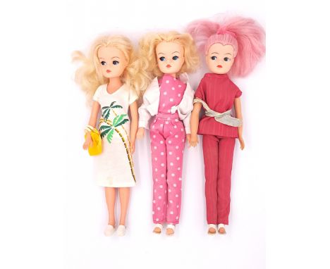 Pedigree Sindy three vintage 1980s dolls, including: (1) 1982 Carefree; (2) 1984 Cherry Pop; (3) 1983 Printed Dress; Fair Plu