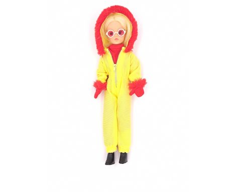 Pedigree Sindy centre part vintage doll, blonde (some hair plugs missing), wearing 1971 Winter Sports, Good to Good Plus.&nbs