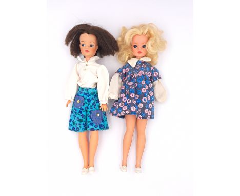 Pedigree Sindy Trendy Girl vintage doll pair: (1) 1973 Goucho, brunette hair (distressed, some plugs missing, has been cut), 