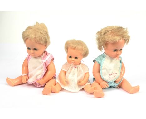 Palitoy Tiny Tears 16B vintage dolls (1965) x two and a Teeny Tiny Tears 12B (1967), wearing original clothing, Tiny Tears do