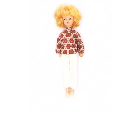 Pedigree Sindy vintage doll, blonde, wearing Spring Blouse 1964 and Blue Bell Bottoms 1968, Good to Good Plus.