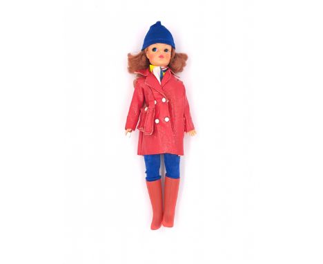 Pedigree Sindy Trendy Girl vintage doll, 033055X, auburn, wearing 1971 Shiny Shopper, Good to Excellent.