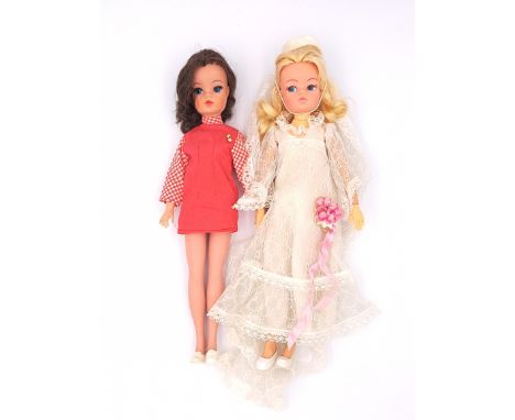 Pedigree Sindy pair of 1970s vintage dolls: (1) Active Sindy, Beautiful Bride 1977 (with original bouquet), blonde re-root, r