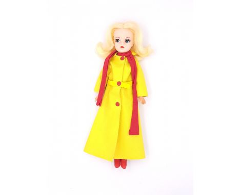 Pedigree Sindy Outdoor Girl vintage centre part hair doll, 1970, blonde, wearing hard to find yellow maxi raincoat, slight di
