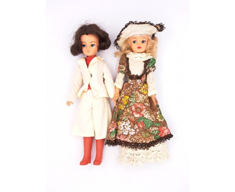 Pedigree Sindy pair of vintage 1970s dolls: (1) Sindy doll Gen 2, blonde (some hair plugs missing), wearing Fair Lady 1979, l