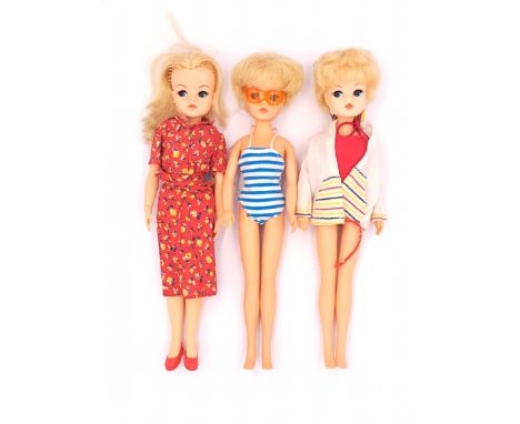 Pedigree Sindy three vintage 1980s dolls, including: (1) 1984 Swim Suit and Jacket; (2) 1982 Sunshine Sindy; (3) 1982 Separat