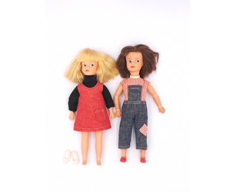 Pedigree Sindy pair of Patch vintage dolls, 1966: (1) brunette, hair is flattened to top of head, Dungarees; (2) blonde, Flan