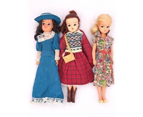 Pedigree Sindy three vintage 1980s dolls, including: (1) 1984 Autumn Stroll, auburn re-root; (2) 1982 Free 'n' Easy; (3) 1982
