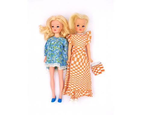 Pedigree Sindy pair of vintage dolls: (1) Trendy Girl, wearing Checkmate, 1974, blonde (hair is distressed, some plugs missin