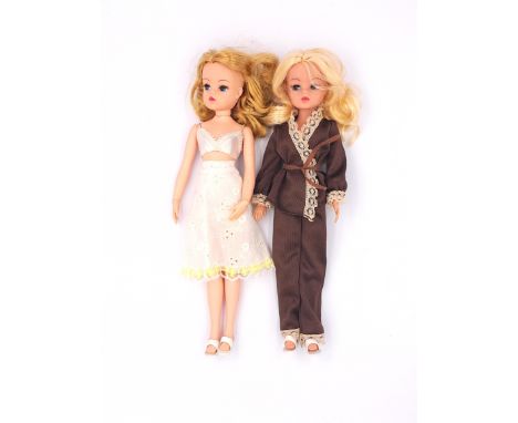 Pedigree Sindy pair of vintage 1970s dolls: (1) Sindy 2 Gen doll, blonde re-root, wearing Pyjama Party 1979; (2) Sindy 2 Gen 