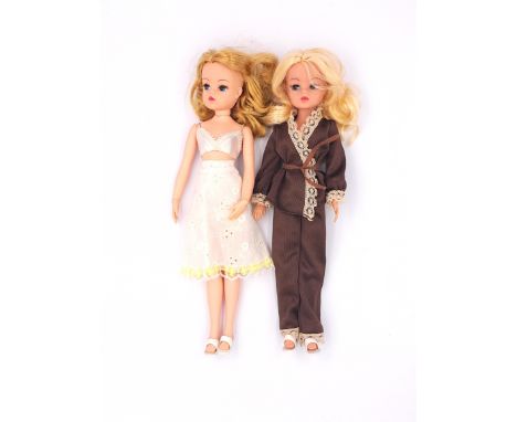 Pedigree Sindy pair of vintage 1970s dolls: (1) Sindy 2 Gen doll, blonde re-root, wearing Pyjama Party 1979; (2) Sindy 2 Gen 