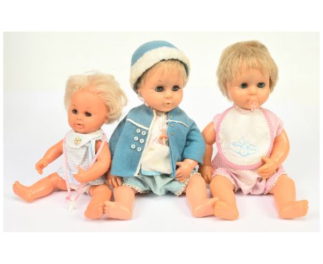 Palitoy Tiny Tears 16B vintage dolls (1965) x two and a Teeny Tiny Tears 12B (1970), wearing original clothing, Fair Plus to 