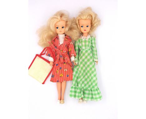 Pedigree Sindy pair of vintage 1970s dolls: (1) Sindy Gen 2 doll, blonde, wearing Barndancer 1978, body discoloured; (2) Sind