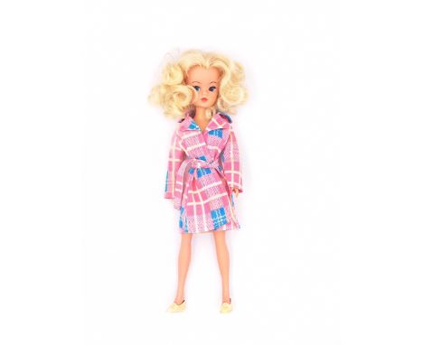 Pedigree Skinny Sindy 1970s vintage doll, wearing Snug Winter 1973, blonde, missing one finger from right hand, Good to Excel