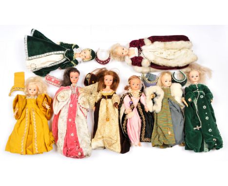 Pedigree Sindy set of eight vintage dolls, hand-dressed in Elizabethan and Tudor style: (1) Sindy 2 Gen, dressed as HM Queen 