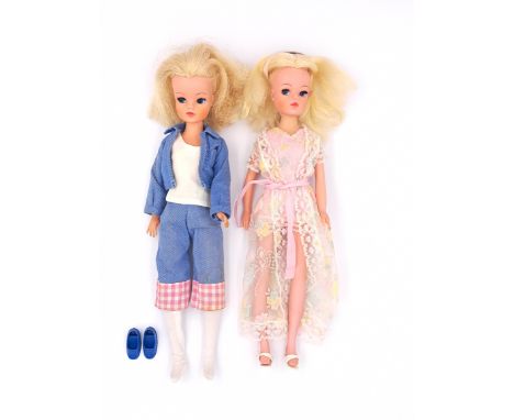 Pedigree Sindy pair of vintage dolls: (1) New Pedal Pushers OD Trendy Sindy, 1975, blonde (hair distressed); (2) 1970s Sindy,