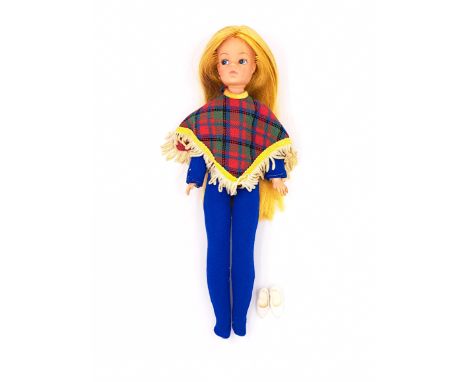 Pedigree Sindy Trendy Girl vintage doll, blonde re-root, wearing 1970 Cat Suit and Poncho, Good to Excellent.&nbsp;