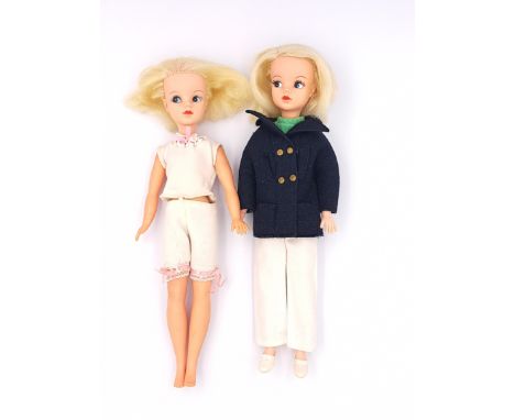 Pedigree Sindy pair of vintage side part hair dolls, 1969, blonde: (1) Winter Undies (white), hair is distressed, with hair p