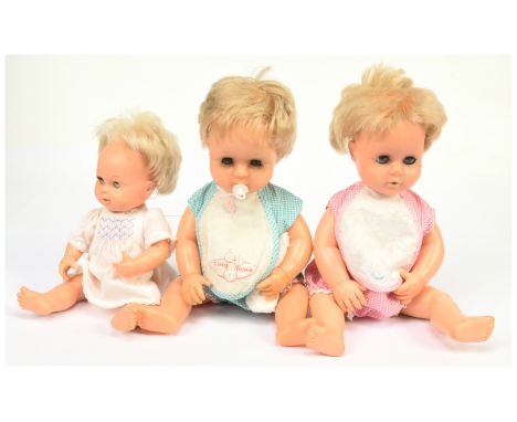 Palitoy Tiny Tears 16B vintage dolls (1965) x two and a Teeny Tiny Tears 12B (1967), wearing original clothing, Fair Plus to 