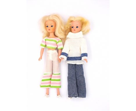 Pedigree Sindy pair of vintage 1970s dolls: (1) OD Skinny Sindy doll, wearing 1974 Sweater and Baggies, blonde hair (distress
