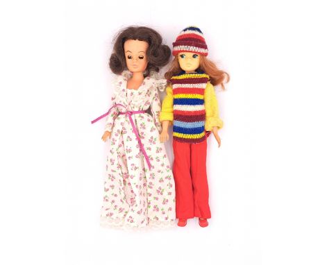 Pedigree Sindy pair of vintage 1970s dolls: (1) Sweet Dreams / Good Morning doll 1978, sleeping eyes, brunette; (2) Sindy dol
