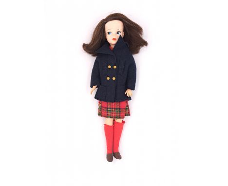 Pedigree Sindy vintage side part doll, brunette (hair a little distressed), wearing 1967 Highland Lass and Reefer Jacket, Goo