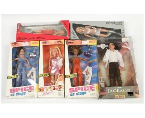Collection of six celebrity boxed fashion dolls including: (1) AB Toys Michael Jackson; (2) Galoob Baby Spice; (3) Galoob Sca