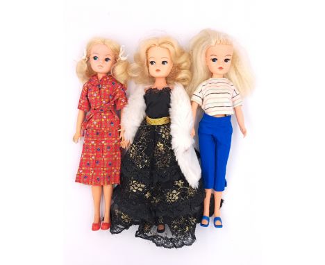 Pedigree Sindy three vintage 1980s dolls: (1) 1982 Beachgirl; (2) 1984 Royal Occasion; (3) 1982 Separates Outfit variation; F