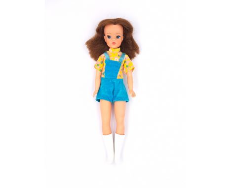 Pedigree Sindy Trendy Girl vintage doll, wearing 1972 Hotpants, brunette hair (distressed, some plugs are missing), velvet pi