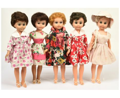 Rosebud teenage fashion vintage dolls x five, 1960s: (1) brunette, 1962, floral dress with pink stripes, original shoes; (2) 