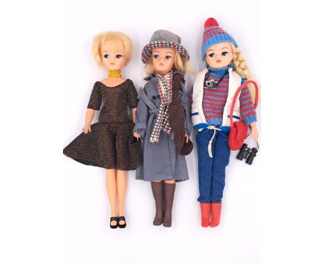 Pedigree Sindy three vintage 1980s dolls, including: (1) 1982 April Showers; (2) 1982 Disco Glitter; (3) 1980 Outward Bound; 
