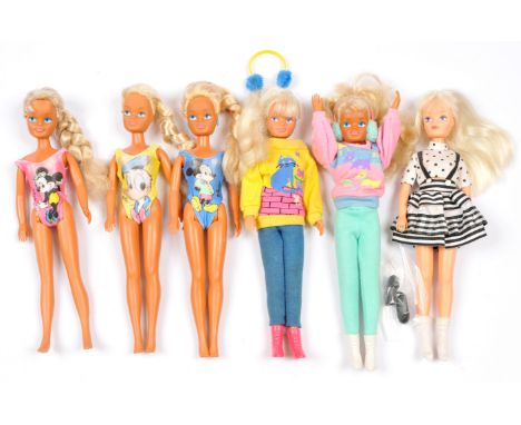 Hasbro Sindy collection of six x 1988 vintage dolls: (1) 1988 High Contrast; (2) 1988 Fun Knit Walking the Dog; (3) 1988 Fun 