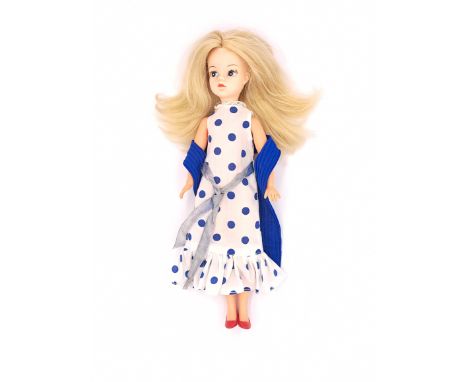 Pedigree Sindy centre part vintage doll, blonde re-root, wearing 1970 Belle of the Ball, blue scarf, Good to Excellent.