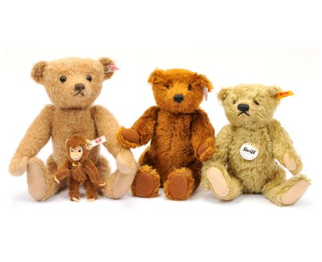 Steiff teddy bear trio, including: (1) Johnny and Jocko, white tag 035104, Johnny- beige mohair, fully jointed, MISSING swing