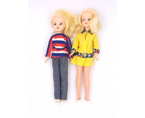 Pedigree Sindy pair of vintage side part hair dolls, 1969, blonde: (1) Walker Coat (doll is NOT walker); (2) Sindy Weekender,