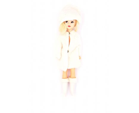 Pedigree Sindy side part vintage doll, blonde (hair distressed), wearing 1968 Winter Warm, Good to Good Plus.  