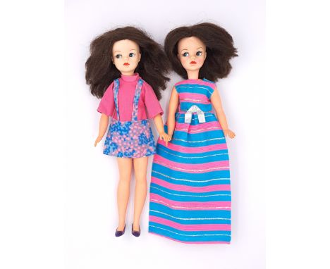 Pedigree Sindy pair of brunette centre part vintage dolls: (1) Mini Skirt, 1970, hair distressed, small pin hole to front tor