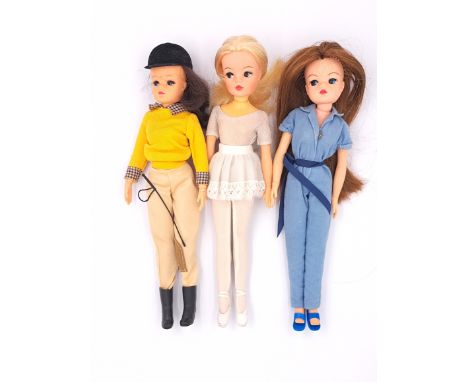 Pedigree Sindy three vintage 1980s dolls, including: (1) 1982 Pony Club; (2) 1982 Blue Skies, auburn re-root; (3) 1982 Active