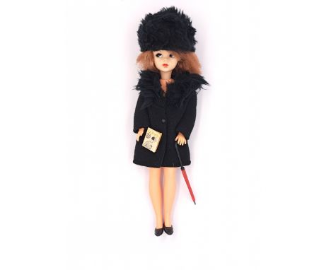 Pedigree Sindy side part vintage doll, auburn (distressed), wearing 1968 Fur Fashion, Good to Excellent.