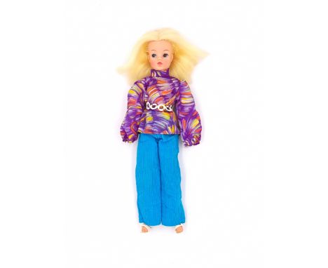 Pedigree Sindy Trendy Girl vintage doll, blonde (distressed and missing some plugs), wearing 1971 Blouse and Cords, leg are r