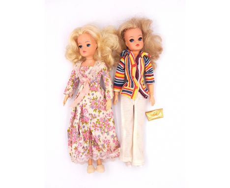 Pedigree Active Sindy vintage dolls, pair: (1) Active Sindy doll with rivet arms, wearing Sleep Tight 1974, blonde hair, righ