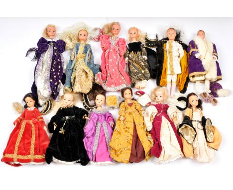 Pedigree Sindy set of eleven vintage dolls, hand-dressed in Tudor style, includes: (1) &amp; (2) Paul, 1960s, dressed as HM H