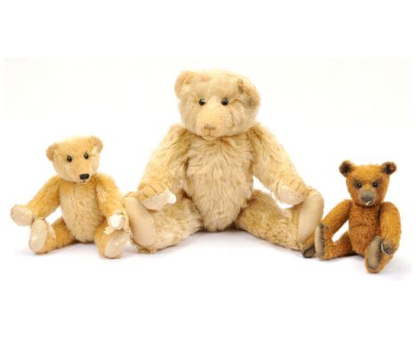 Mister Bear artist designed teddy bear trio, designed by Jennie Sharman Cox, including: (1) unnamed bear, light blonde mohair